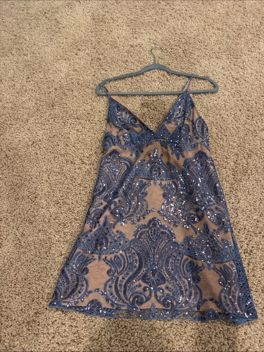 Embellished Blue Lace Slip Dress